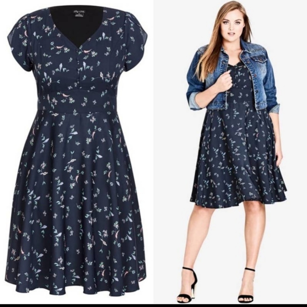 Navy with bird print City Chic dress in size 16